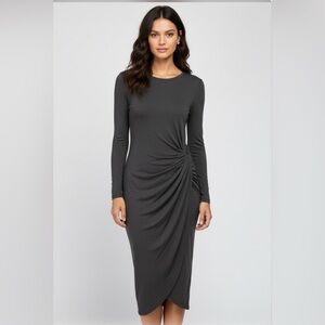 Loveappella Grey Asymmetrical Ruched Long Sleeve Midi Dress Chic!